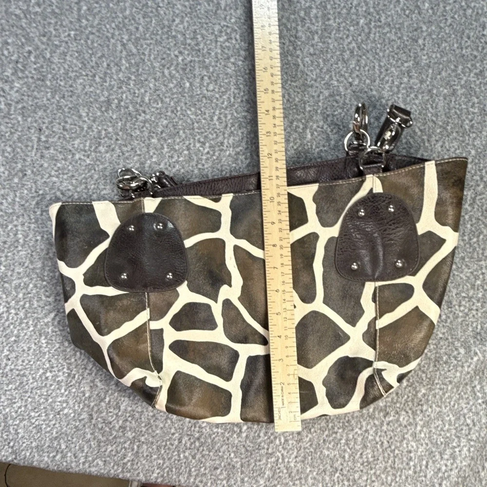 Brown/Cream Animal Print Satchel Top Handle Studded Silver Pockets